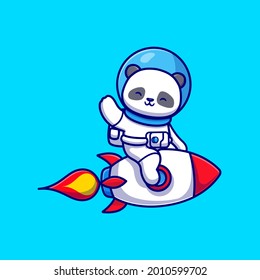 Cute Panda Astronaut Riding Rocket And Waving Hand Cartoon Vector Icon Illustration. Animal Technology Icon Concept Isolated Premium Vector. Flat Cartoon Style
