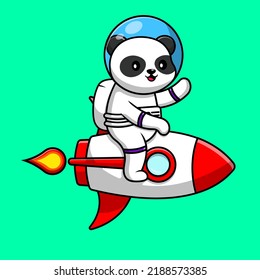 Cute Panda Astronaut Riding Rocket And Waving Hand Cartoon Vector Icon Illustration. Animal Technology Flat Cartoon Concept