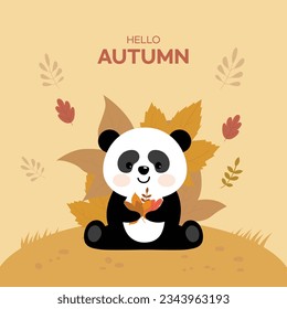 A cute panda with an autumn background