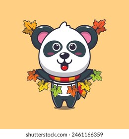 Cute panda with autumn leaf decoration. Mascot cartoon vector illustration suitable for poster, brochure, web, mascot, sticker, logo and icon.