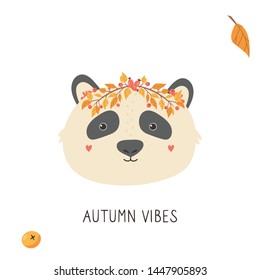 Cute panda in autumn wreath on white background. Woodland animal. Hello autumn print