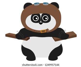 Cute panda in aviator hat with boards in her arms