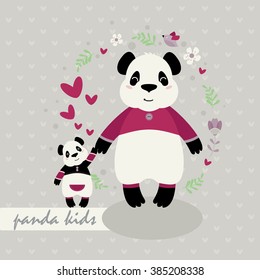 cute panda with the baby among the foliage and birds on a gray background