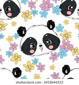 Cinta de Panda y flores sin costura, vector