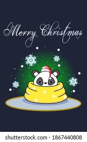 Cute panda baby hiding in a big scarf because of chillness. Vector illustration animal in Christmas eve. Merry Christmas greeting card, template, poster, banner, background, social media post design.