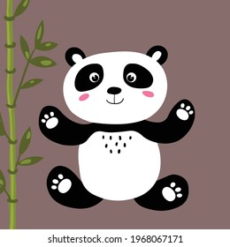 Cute panda baby isolated on color background. Funny asian animal. Card, postcards for kids. Little bear child smiling. Flat vector illustration for fabric, banner, card, wallpaper, poster, gift paper.