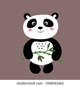 Cute panda baby isolated on color background. Funny asian animal. Card, postcards for kids. Little bear child smiling. Flat vector illustration for fabric, banner, card, wallpaper, poster, gift paper.