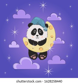 Cute panda baby on moon on night sky background with stars cartoon character vector illustration. Pretty animal print for design