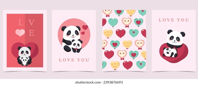 cute panda background set with heart for valentine's day.illustration vector for postcard