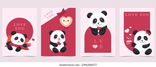 cute panda background set with heart for valentine's day.illustration vector for postcard
