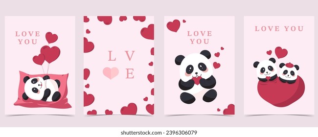 cute panda background set with heart for valentine's day.illustration vector for postcard
