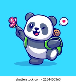 Cute Panda Backpacker Playing With Butterfly Cartoon Vector Icon Illustration. Animal Nature Icon Concept Isolated Premium Vector. Flat Cartoon Style