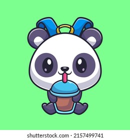 Ilustración del icono del vector de dibujos animados de la leche de Boba Panda Bag Bebe. Vector Premium Aislado Con El Concepto De Icono De Bebida Animal. Estilo de dibujo plano