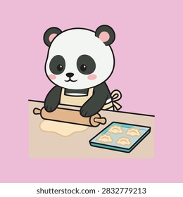 Cute Panda Baking Dumplings in Kitchen Illustration