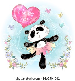 Cute Panda ballerina with a balloon in the shape of a heart. I love you. Valentine. Vector. Watercolor.