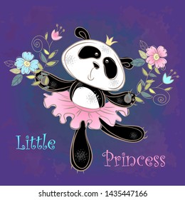 Cute Panda ballerina dancing. Little princess. Vector.