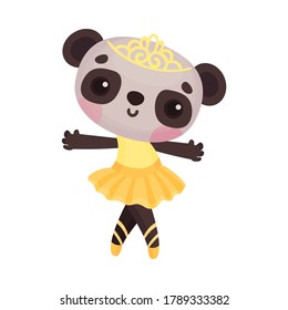 Cute Panda in Ballerina Dress and Diadem on Head Dancing Vector Illustration