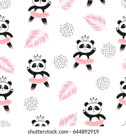 Cute panda ballerinas seamless pattern. Vector background for kids design. 