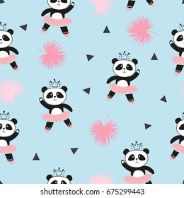 Cute panda ballerinas seamless pattern. Vector background for kids design, baby print.