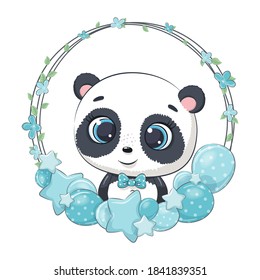Cute panda with balloon and wreath. Vector illustration for baby shower, greeting card, party invitation, fashion clothes t-shirt print.