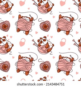 Cute panda and balls of yarn. Knitting, crochet. Seamless pattern.