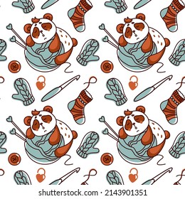 Cute panda and balls of yarn. Knitting, crochet. Seamless pattern.
