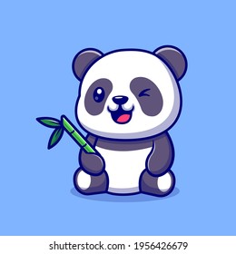 Panda Cuto Con Ilustración De Icono Del Vector De Caricaturas De Bambú. Concepto de icono de la naturaleza animal Vector Premium aislado. Estilo de dibujo plano