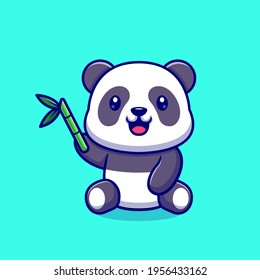 Cute Panda With Bamboo Cartoon Vector Icon Illustration. Animal Nature Icon Concept Isolated Premium Vector. Flat Cartoon Style