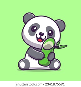 Cute Panda With Bamboo Cartoon Vector Icon Illustration. Animal Nature Icon Concept Isolated Premium Vector. Flat Cartoon Style