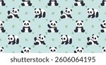 Cute panda with bamboo flat design seamless pattern, vector illustration