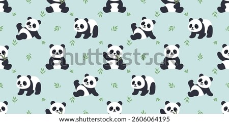 Cute panda with bamboo flat design seamless pattern, vector illustration