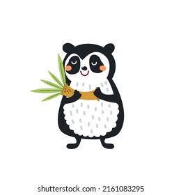 Cute panda with bamboo. Funny black and white bear holding branch with bamboo leaves. Happy asian animal, cartoon character. Hand drawn vector illustration for kids, flat design. 