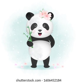 Cute panda and bamboo hand drawn animal illustration watercolor background