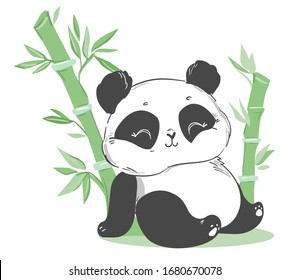 Cute panda and bamboo illustration. Cartoon character. Vector