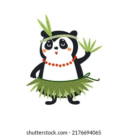 Cute panda with bamboo leaves. Fashion bear panda girl, funny asian animal. Cartoon character, hand drawn vector illustration isolated on white. Flat design 