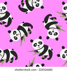 Cute panda with bamboo over pink - seamless pattern