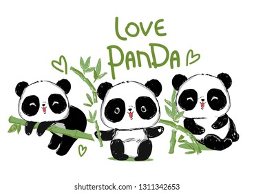 Cute panda and bamboo set. Vector illustration.  