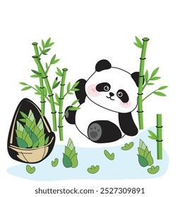 Lindo panda y árboles de bambú