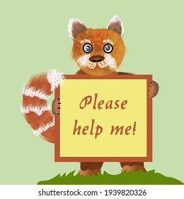 Cute panda with a banner demanding "Please help me!" Vector illustration.