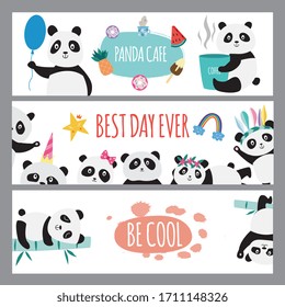 Cute panda banner set - little cartoon bears in cafe, party celebration and leisure with bamboo sticks. Adorable animals collection - flat vector illustration.