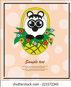 Cute panda in the basket with flowers. Vector.