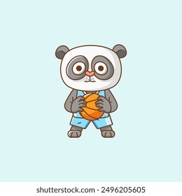 Cute panda basketball player play basket kawaii chibi character mascot illustration outline style design set