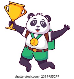 Atleta de oso panda con premio de copa deportiva. Feliz niño panda ganando trofeo. Ganador de la competencia de campeón animal. Medalla de oro y taza ganadora de deporte de oso animal. Niño pequeño con trofeo.