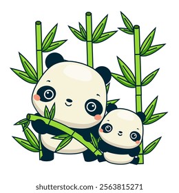 Cute panda bear baby in bamboo forest. Cartoon animals family characters for kids and children clip art