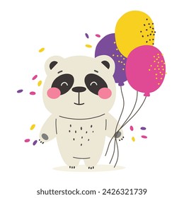 Cute panda bear with balloons, children's birthday, holiday. Cute vector animals.