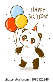 Cute panda bear with balloons isolated on white - cartoon character for Your happy Birrthday design