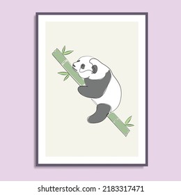 Oso de panda lindo con bambú elegante estilo de línea de arte mural diseño de afiches de tela