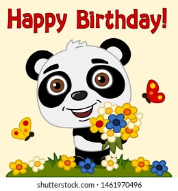 Cute Panda bear with beautiful bouquet and text - birthday greeting card