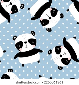 Cute panda bear blue background polka dot texture baby girl and boy seamless pattern for fabric and textile print, wrapping paper bright vector design
