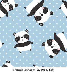 Cute panda bear blue background polka dot texture baby girl and boy seamless pattern for fabric and textile print, wrapping paper bright vector design